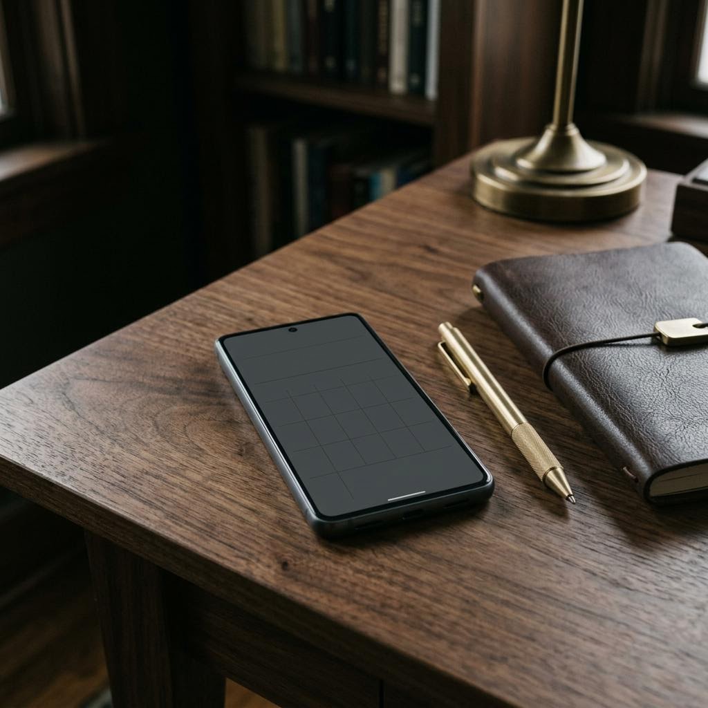 A phone on a dark walnut desk showing a plain notes screen beside a notebook and a brass pen